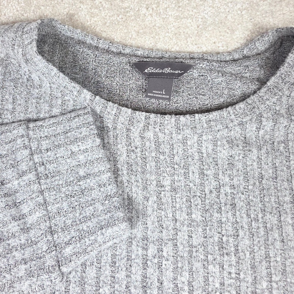 Eddie Bauer Sweater Womens L Gray Ribbed‎ Knit WR LS Hideaway Crew Neck NWT